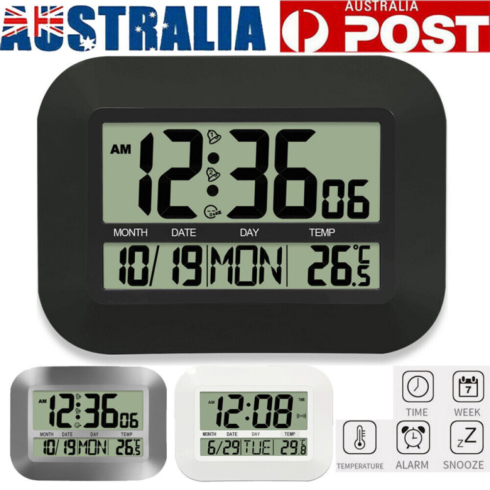 LED Digital Wall Clock Battery Operated Temperature Date 24-Hour Display White