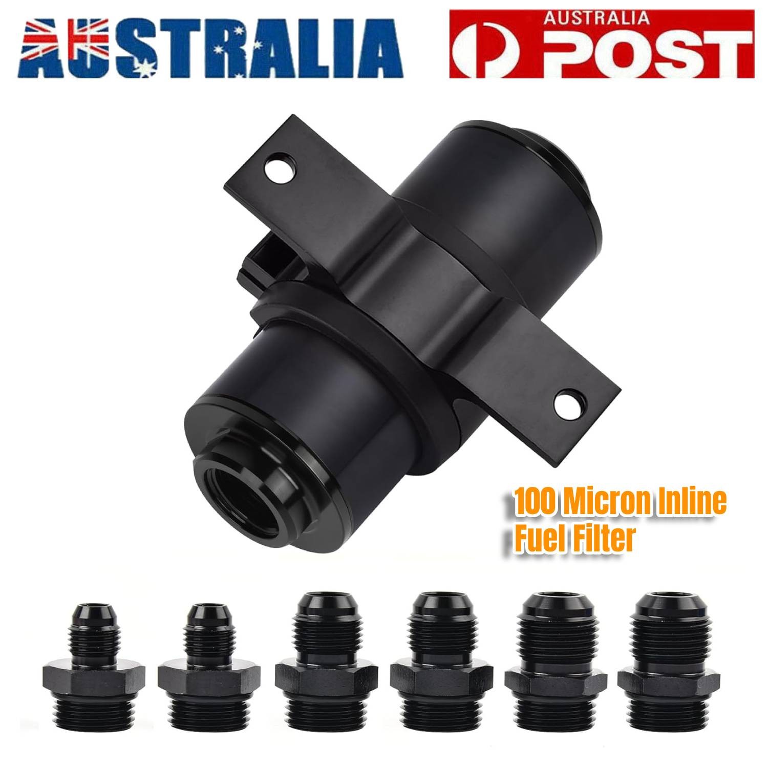 Universal 100 Micron Inline Fuel Filter 6AN 8AN 10AN E85 Adapter 50mm Black