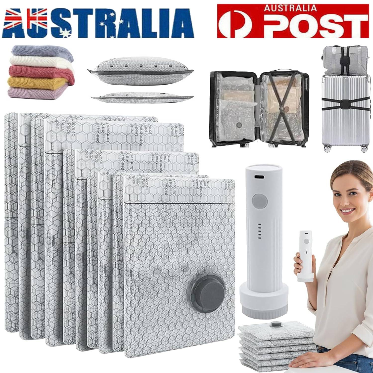 Cordless Travel Vacuum Storage Bag Set 6PCS Rechargeable Pump Carry-On Size