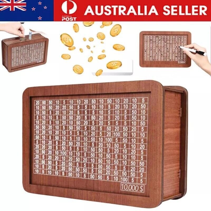 Wooden Cash Vault Savings Challenge Money Box Coin Bank Brown 20 14.5 7.6cm