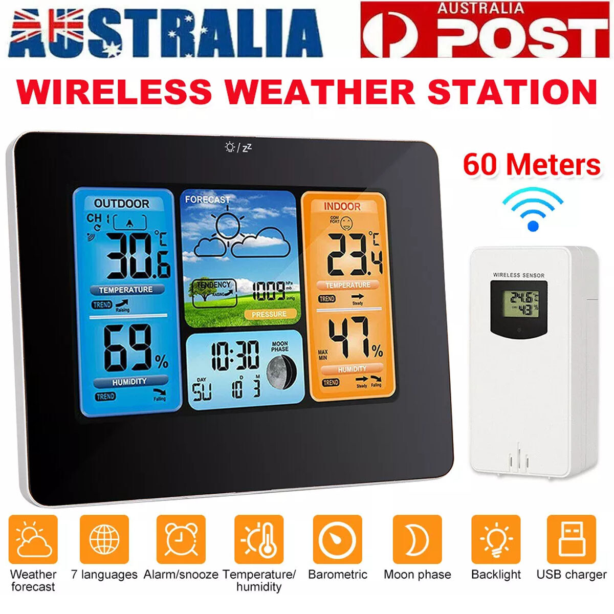 LCD Wireless Weather Station Clock Calendar Thermometer Barometer 60m/197ft