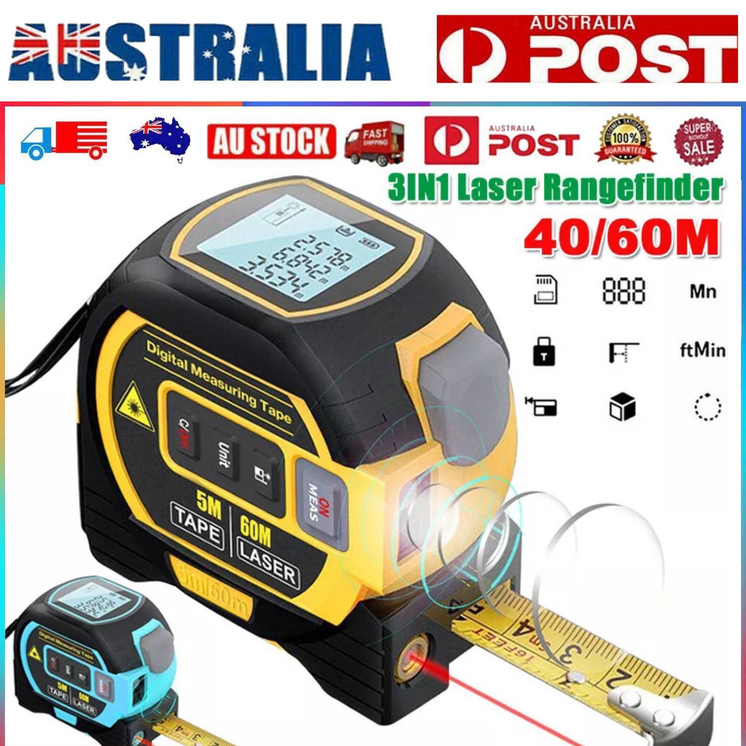 Laser Tape Measure 3 In 1 Digital High Precision Rangefinder 40M Yellow LCD