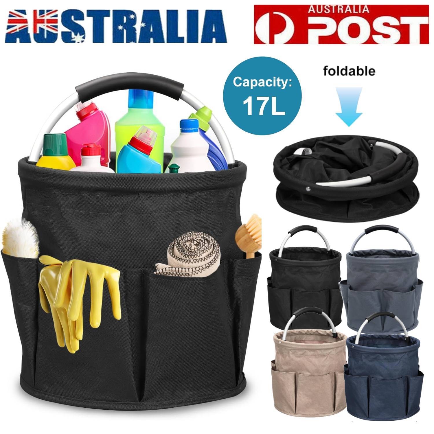 17L Cleaning Caddy Garden Basket Black Oxford Cloth Foldable Handle Durable 28