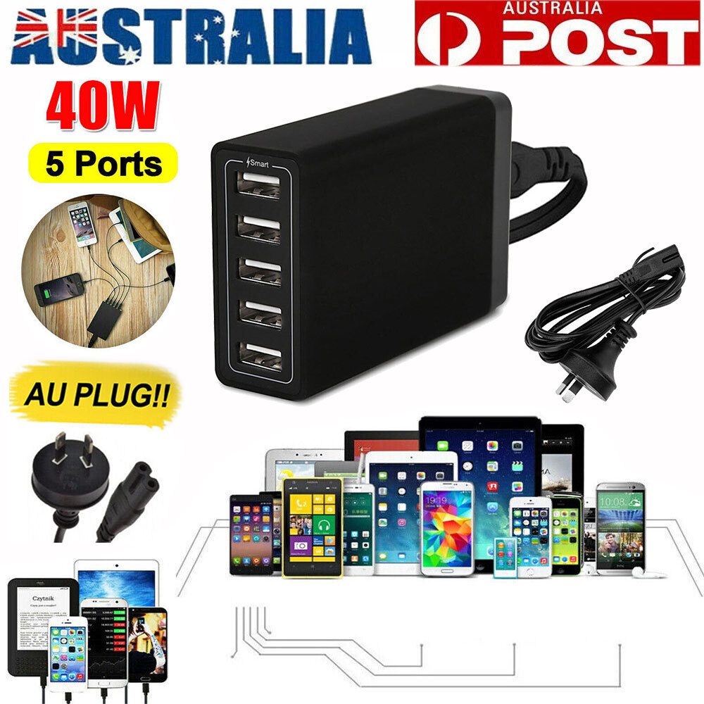 40W 5-Port USB Charging Power Adapter 5V/8A Universal Phone Charger 1.6m Cable