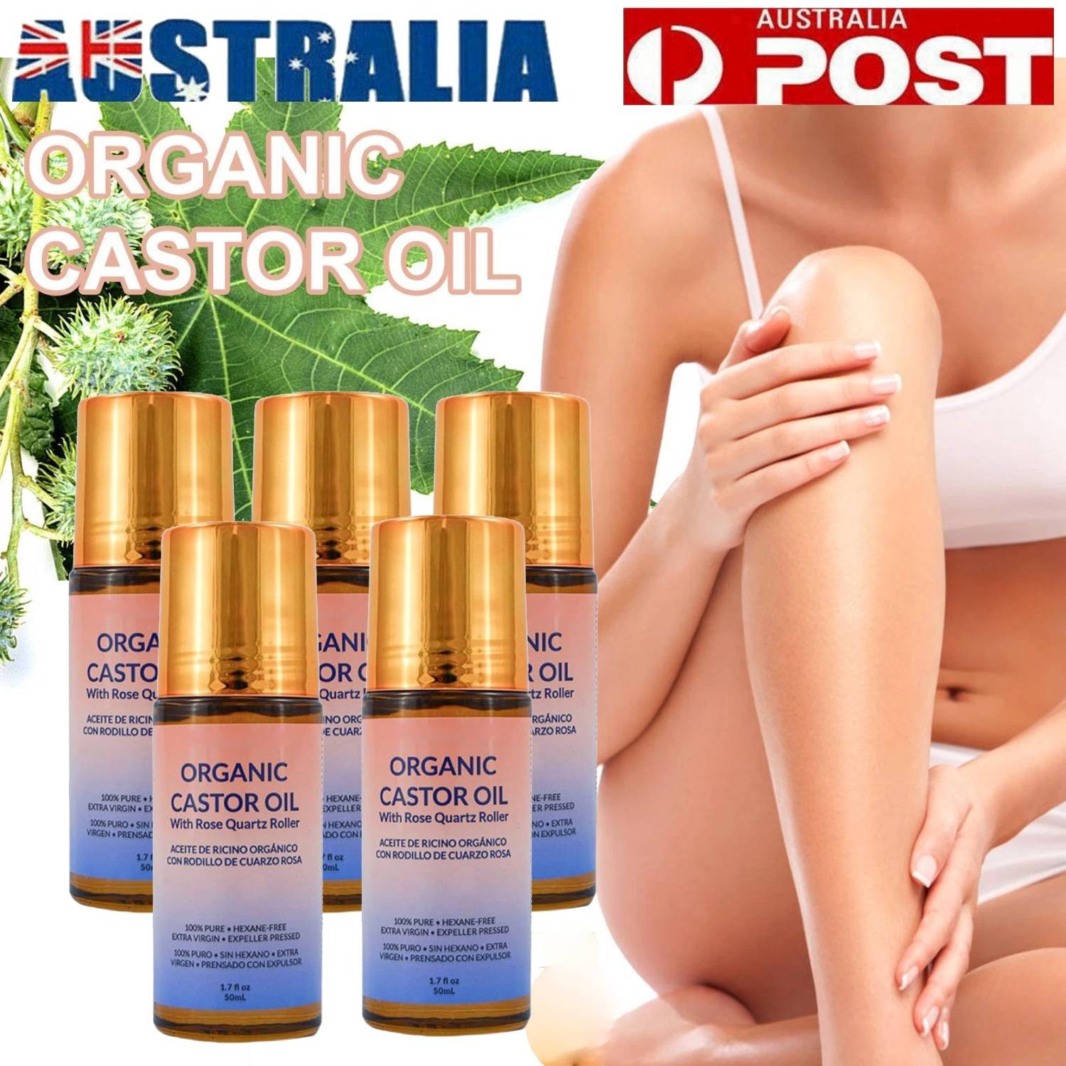 Organic Golden Castor Oil Roll-On Rose Quartz Roller 50ML Skin Hair Wrinkles