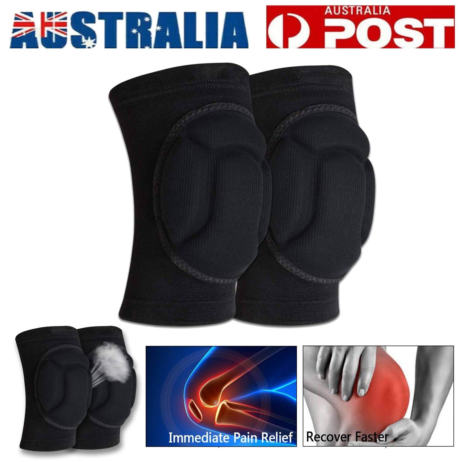 2x Knee Pads Thick Sponge EVA Shock Absorption Anti-Slip Breathable Black Nylon