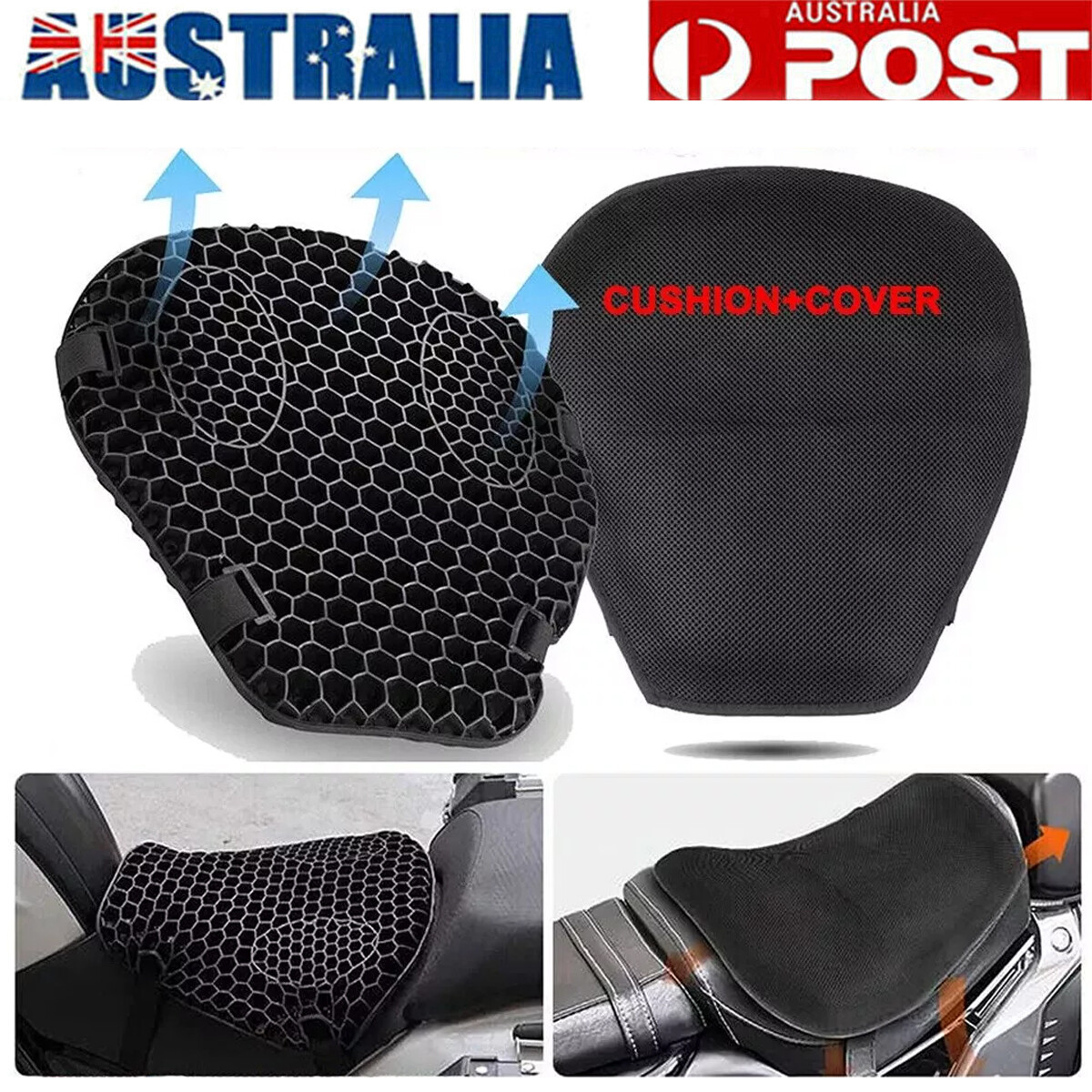 Universal Motorcycle Honeycomb Gel Seat Cushion Cover Black Pressure Relief Pad