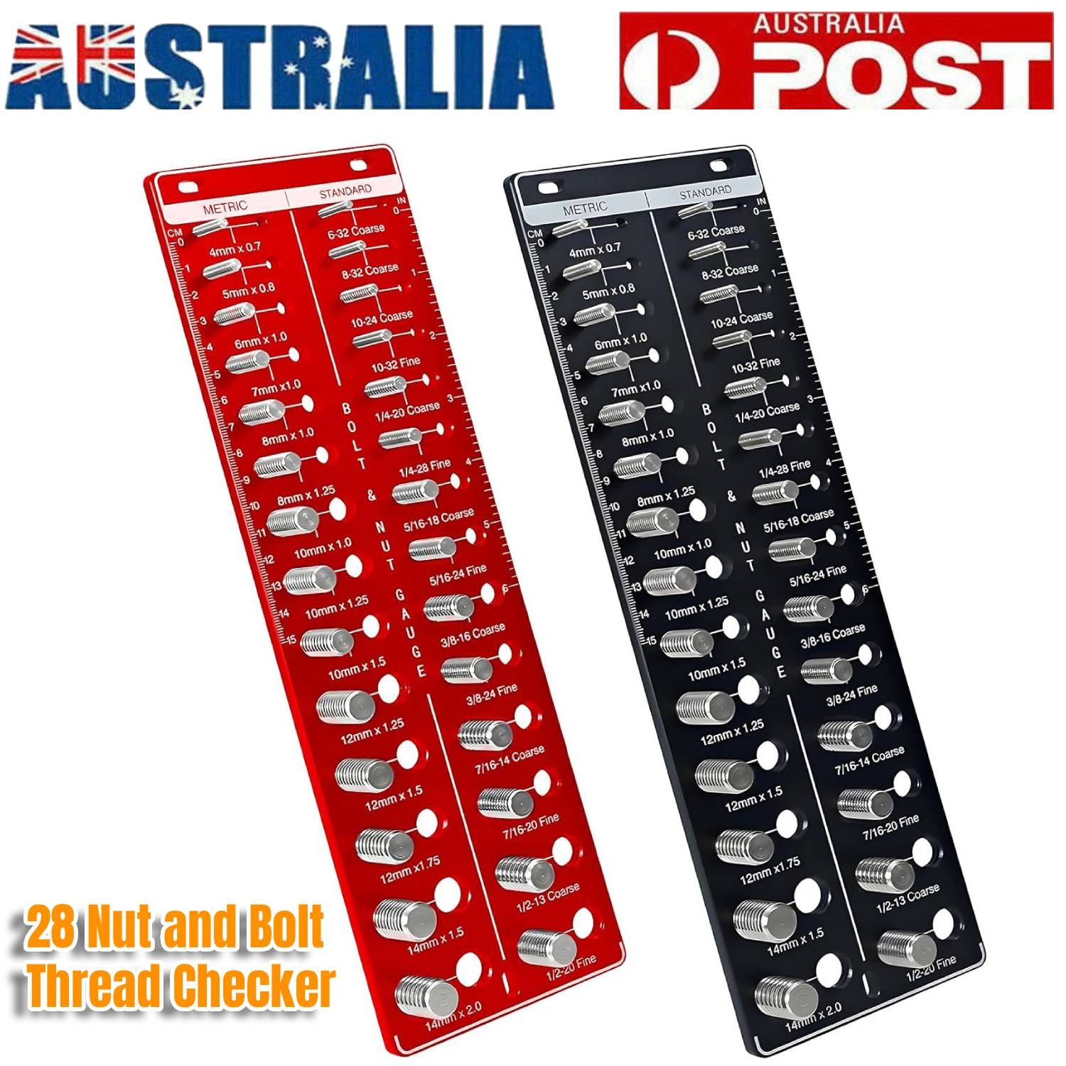 28 Nut and Bolt Thread Checker Gauge Inch Metric Screw M4 M14 6-32 1/2-20 Red