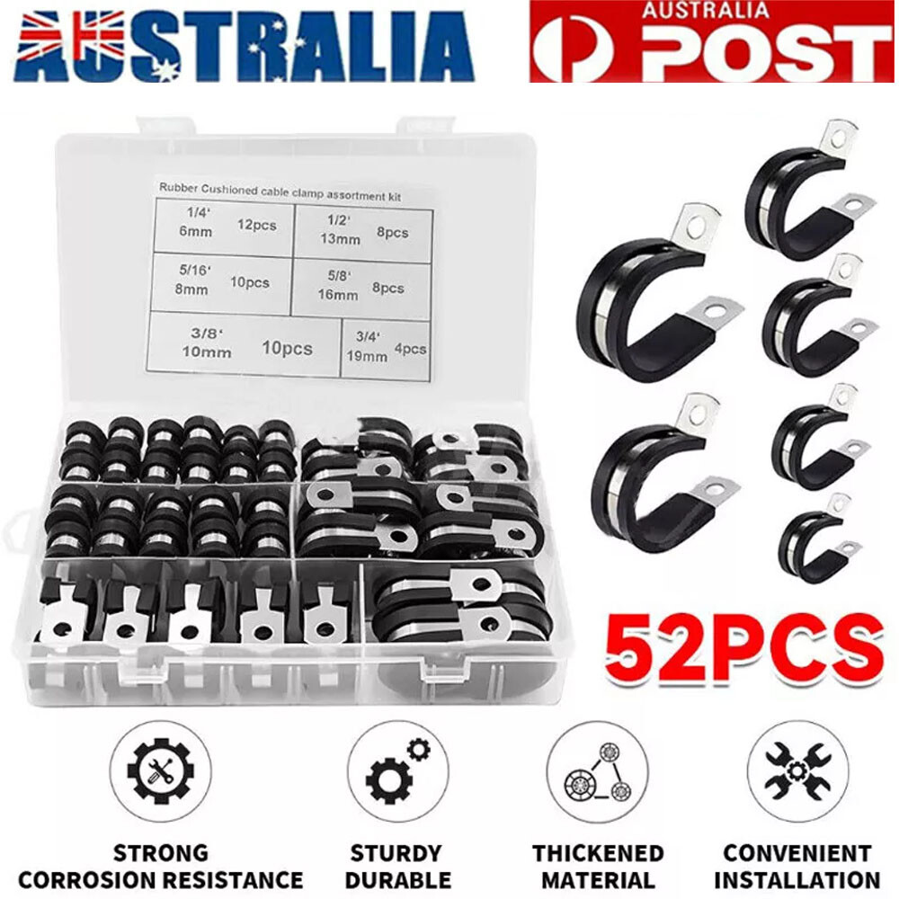 304 Stainless P-Style Rubber Lined Hose Cable Pipe Clamps 52Pcs Assortment Kit