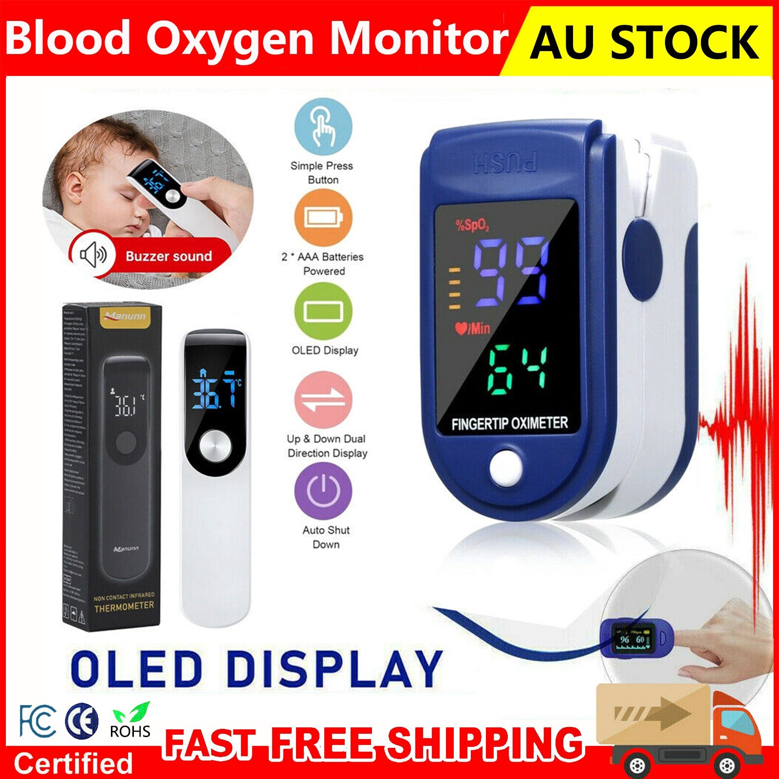 Finger Pulse Oximeter Blood Oxygen Saturation Monitor LCD Forehead Thermometer