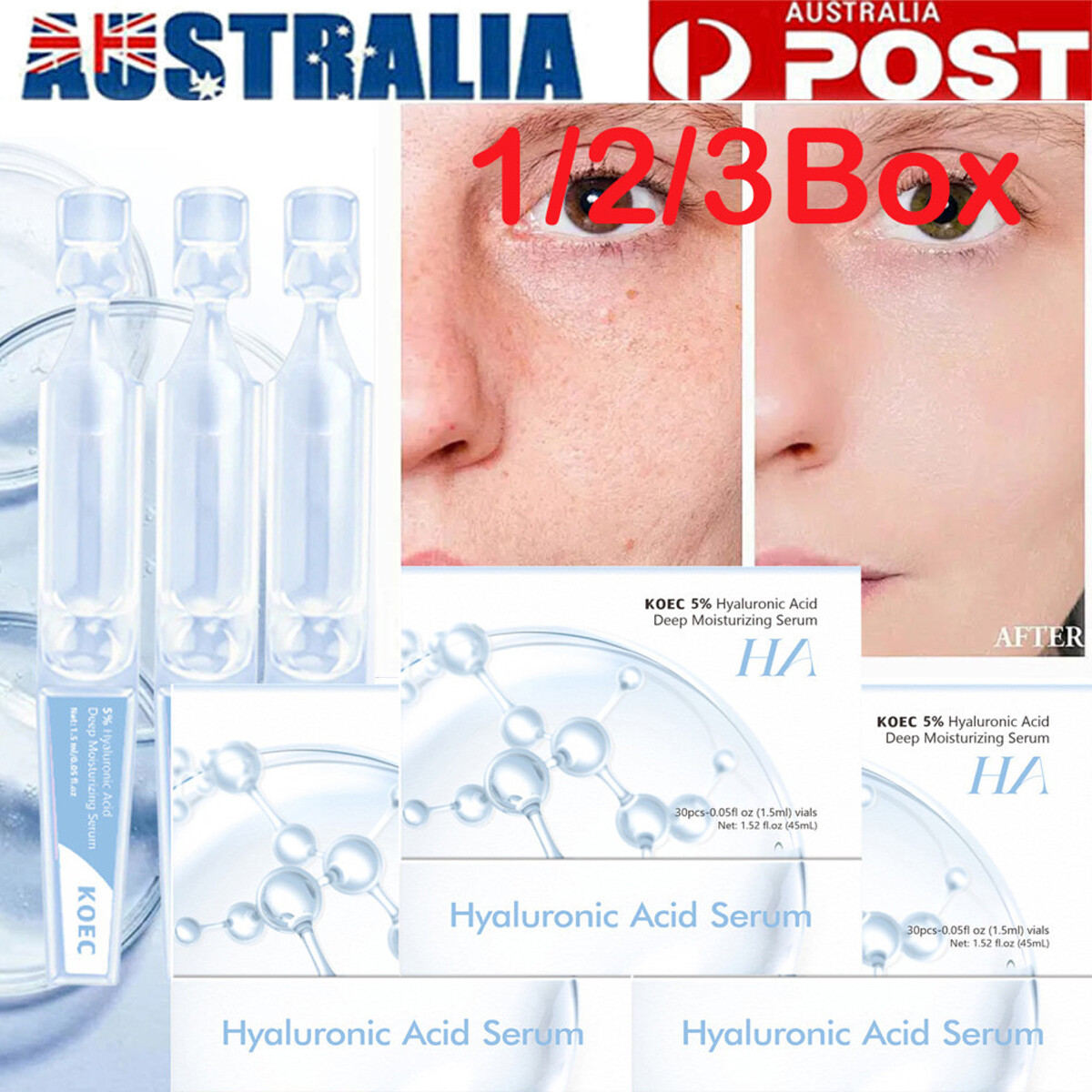 5 Hyaluronic Acid Serum Face Tubes 30pcs 1Box Ultra-Hydrating Single-Use 1.8ml