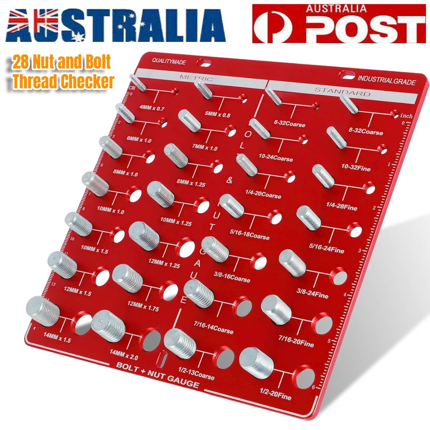 Standard and Metric 28 Sizes Nut & Bolt Thread Checker Gauge Red Aluminum Alloy