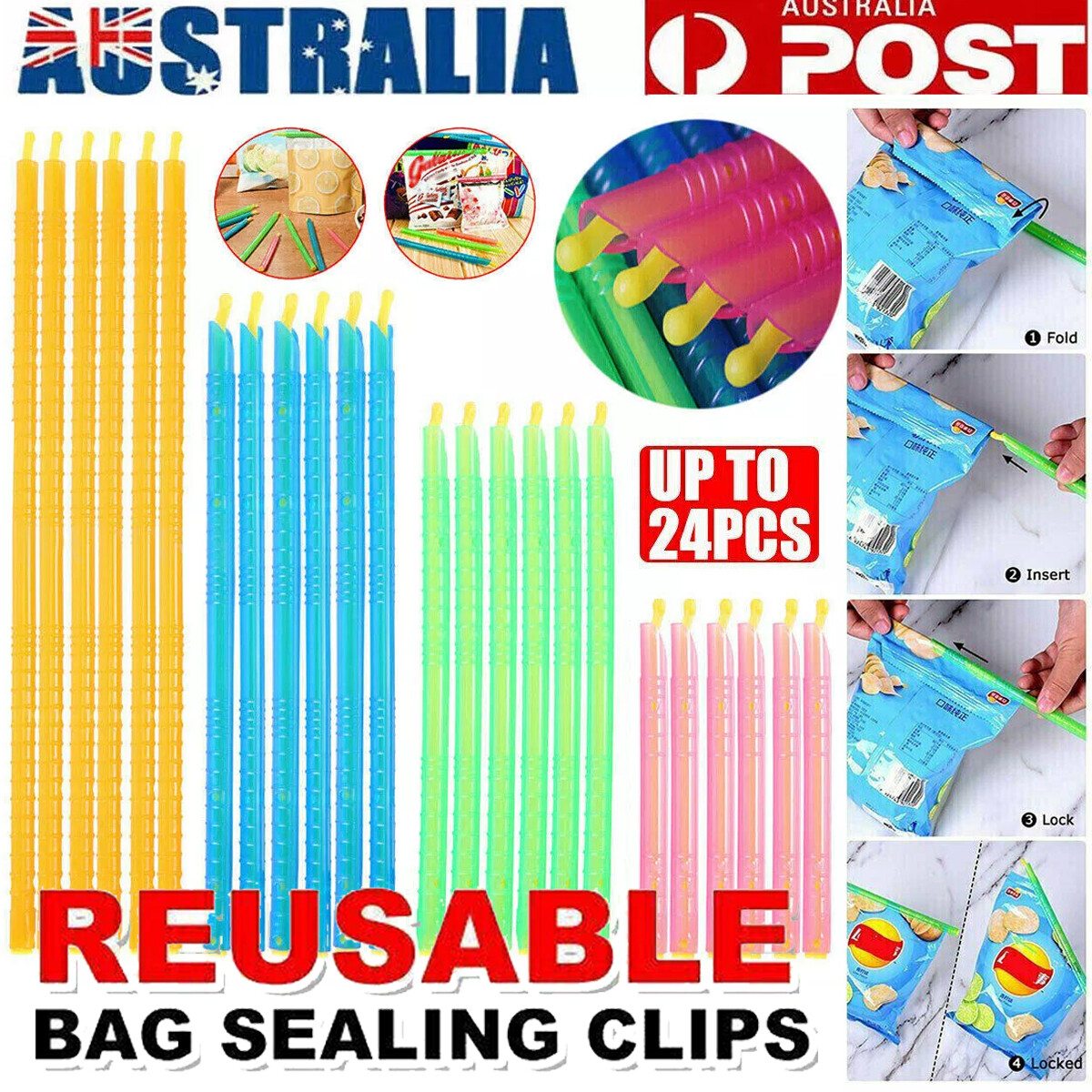 8pcs Kitchen Food Sealing Sticks Reusable Bag Clips Lockable PP Waterproof 36cm