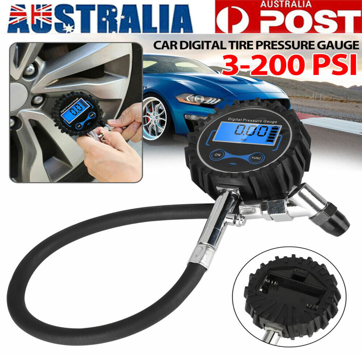 Digital Tyre Pressure Gauge Tester 3-200psi 14 Bar 1400 KPa 38cm Hose 2xCR2032