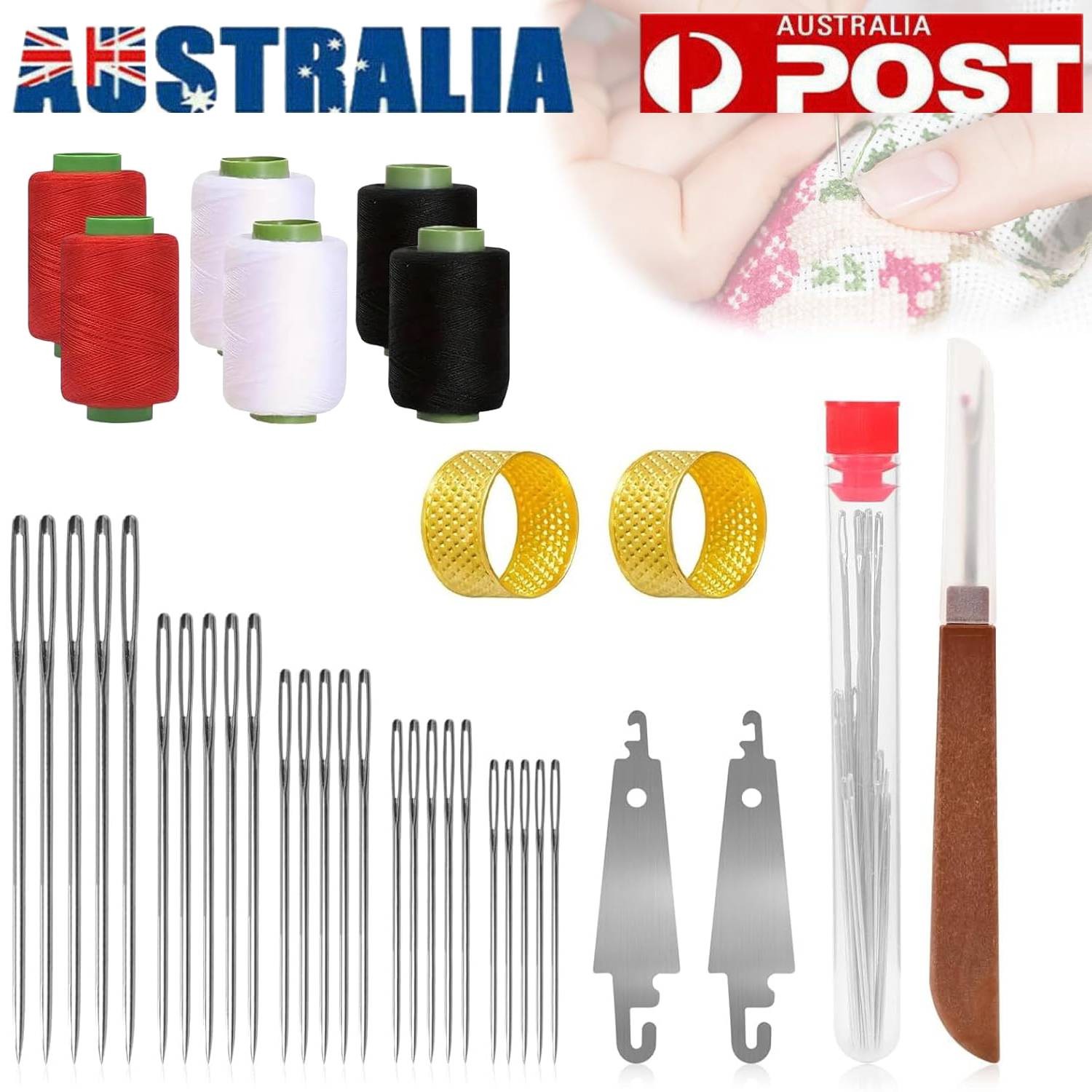 Big Eye Steel Needles Set-Long & Thin Quilting Sewing 31Pcs Threaders Thimbles