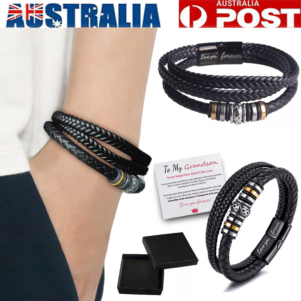 To My Son Braided Leather Bracelet Black Magnetic Clasp Love You Forever Gift