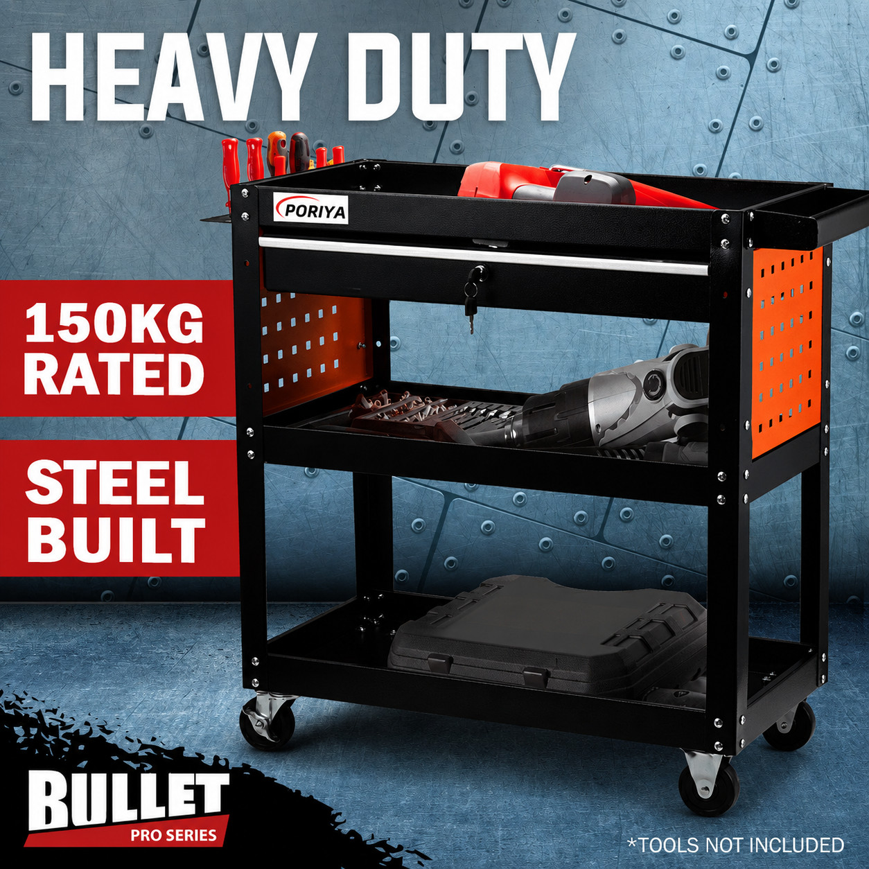 PORIYA 3-Tier Steel Tool Trolley Cart 150kg Lockable Drawer Wheels Medium