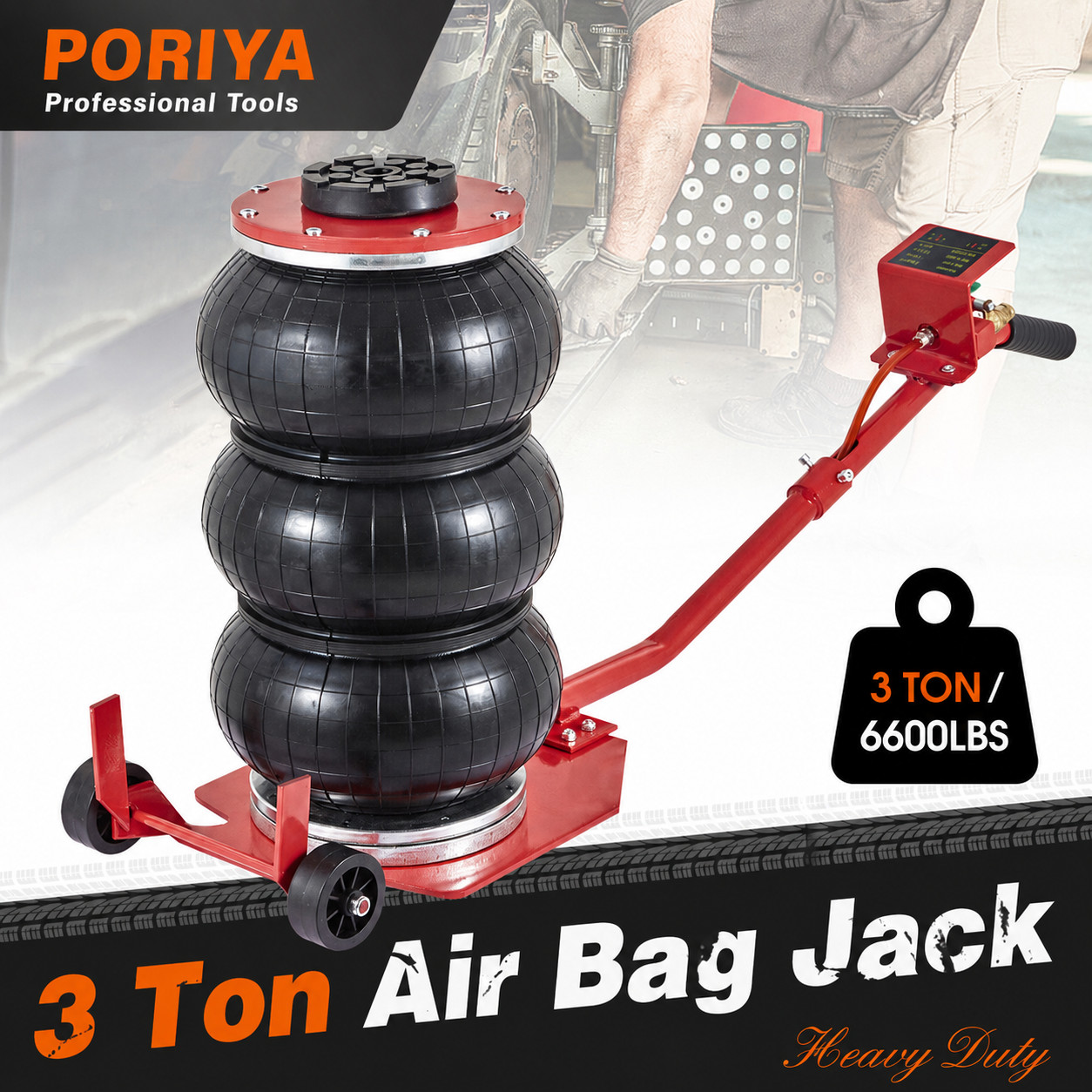 Triple Bag Air Jack Pneumatic 3.0 ton 6600 lbs Red Heavy Duty/Commercial Steel