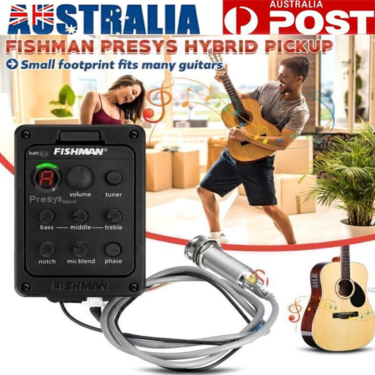 Fishman Presys Blend 4 Band 301 EQ Tuner Mic Acoustic Guitar Pickup Preamp Black