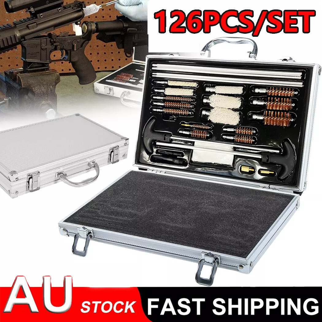 126PCS Universal Gun Cleaning Kit Pistol Rifle Shotgun Brass Brushes 100 Patches
