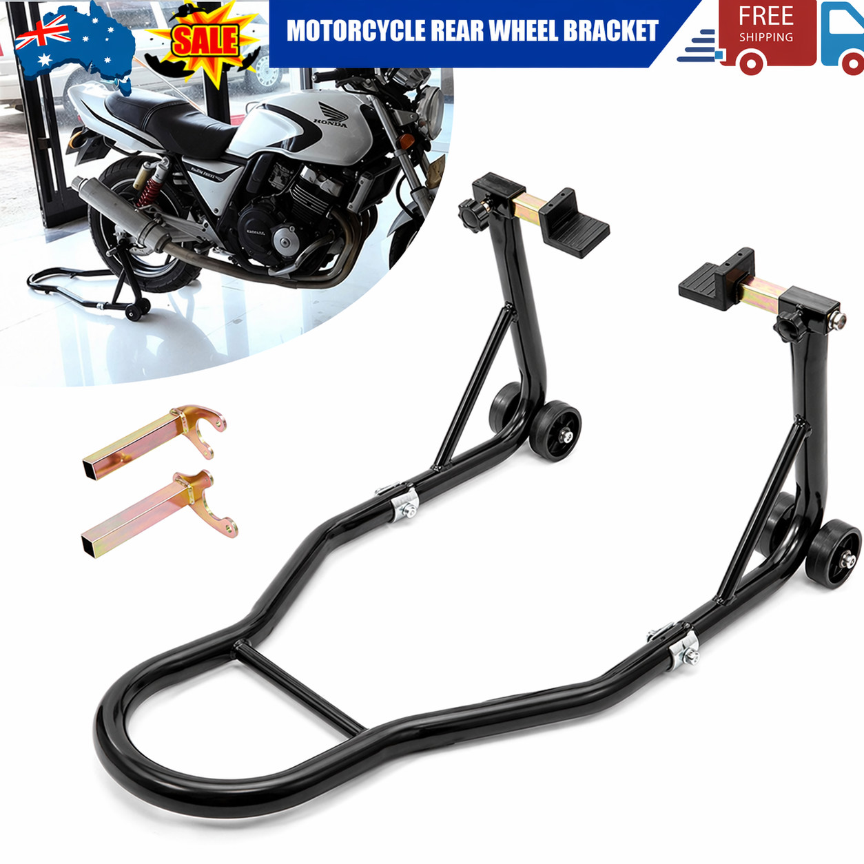 500KG Rear Motorcycle Stand FF001 Adjustable Fork Heads Black Steel 250-350 mm