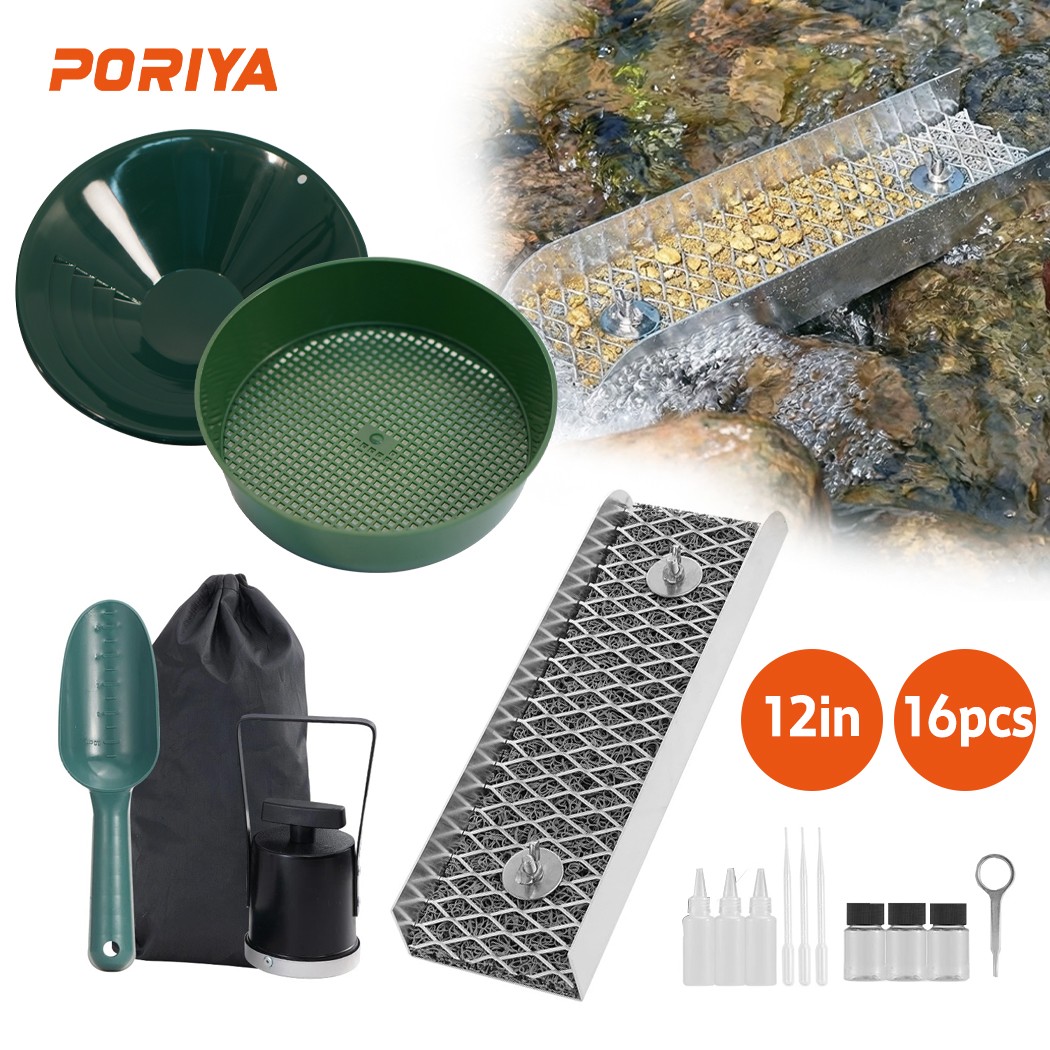 PORIYA Gold Panning Kit Aluminium Sluice Box 25.5cm Plastic Pan Magnet Tweezers