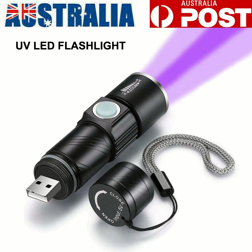 UV LED Blacklight Torch 365nm USB Aluminum Alloy Telescopic Zoom Handheld 1Pc