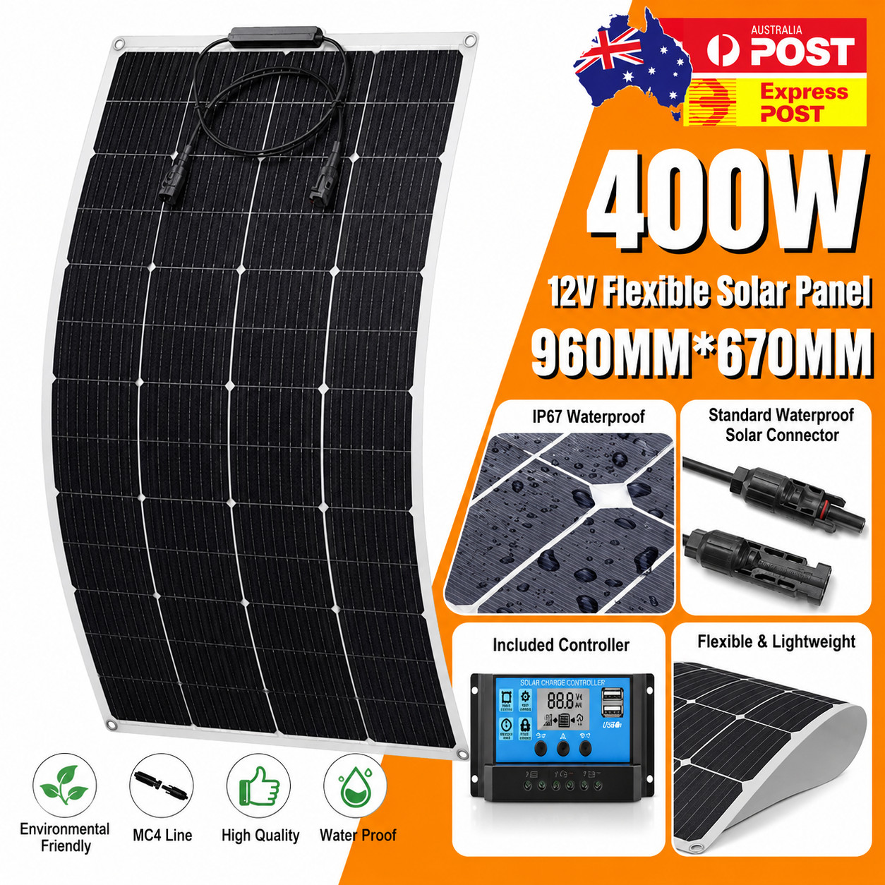 400W Flexible Solar Panel 12V Mono Caravan Camping MC4 20A Controller Black