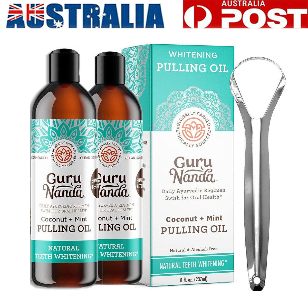 GuruNanda Oil Pulling Mouthwash with Coconut Peppermint Oils Tongue Scraper 1PC