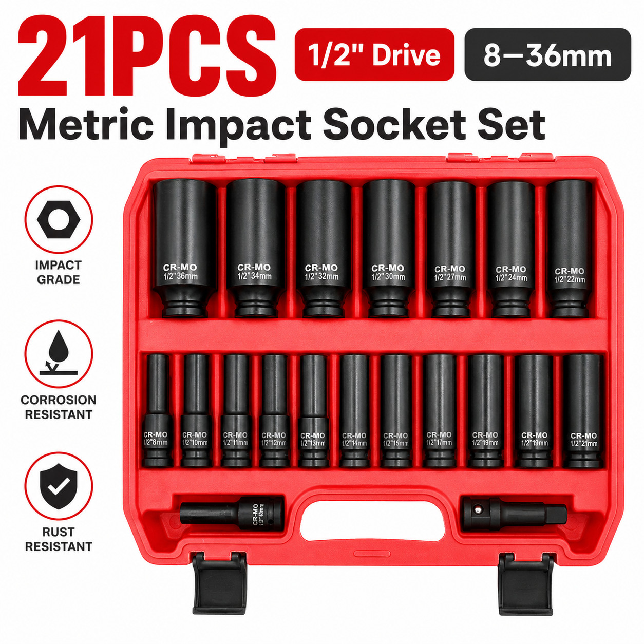 21PCS Metric 1/2in Drive Deep Impact Socket Set 8-36mm 6 Point Cr-Mo Steel Case