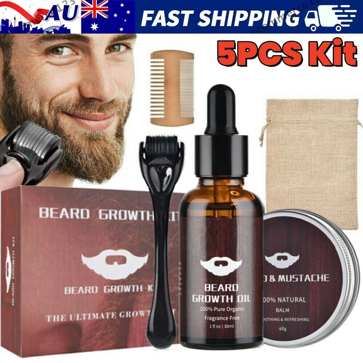 Beard Growth Kit Men-Grooms Mustache Oil Black 60g Balm Wooden Comb