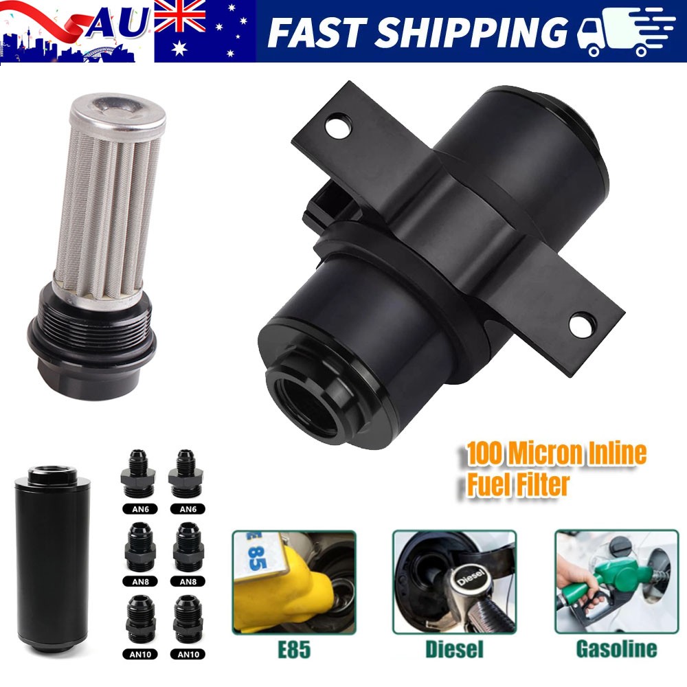 Universal 100 Micron Inline Fuel Filter 6AN 8AN 10AN Adapter 50MM Aluminum Black