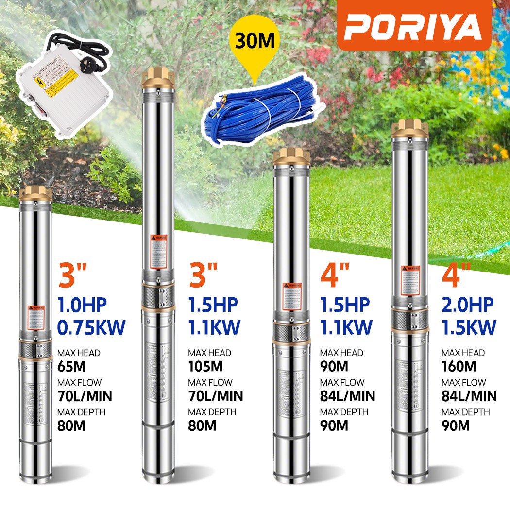 PORIYA Solar Deep Well Pump 250W Stainless Steel Submersible Bore 24V IP68 20m