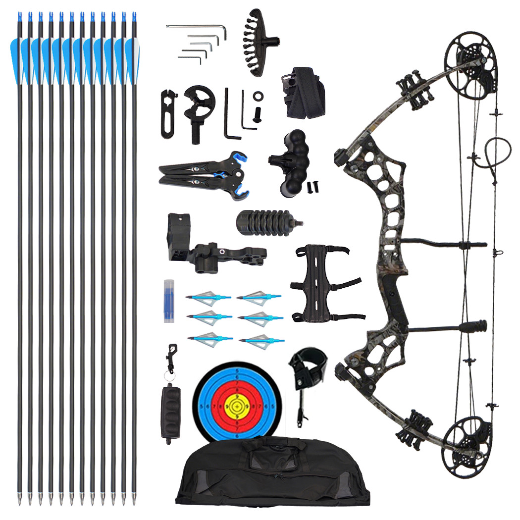 PORIYA Compound Bow 20-70LBS Right Hand Camo 320 FPS 75 Let-Off carbon arrows
