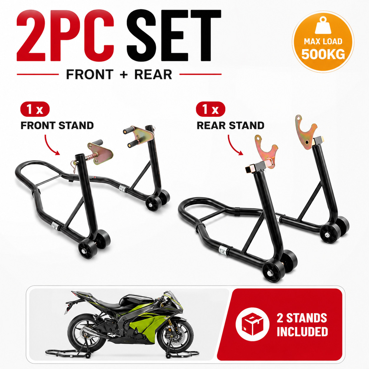 FF001 500kg Steel Motorcycle Paddock Stand Front&Rear Adjustable Fork Heads