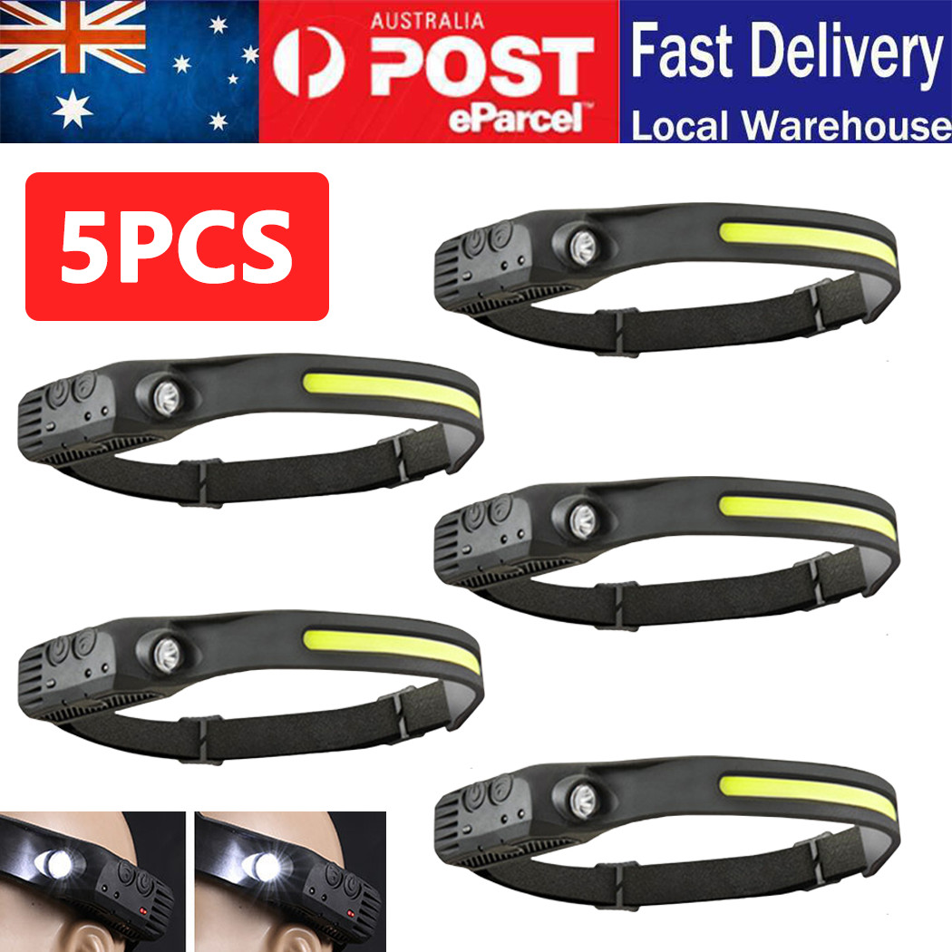Rechargeable USB COB LED Motion Sensor Head Torch Black IPX4 Adjustable Headband