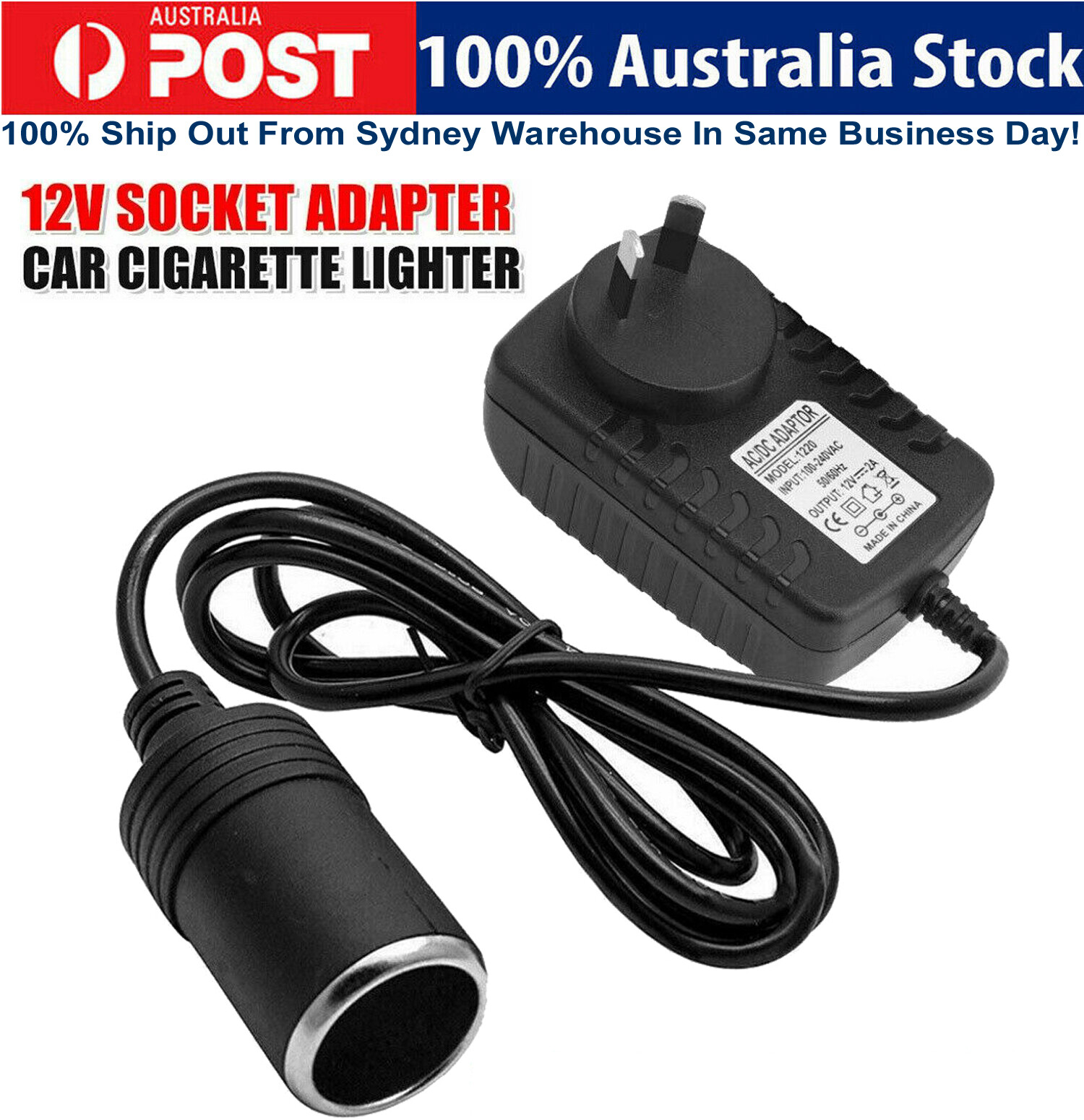 220V AC to 12V DC Cigarette Lighter Socket Adapter Plug AU 24W 12V/2A black
