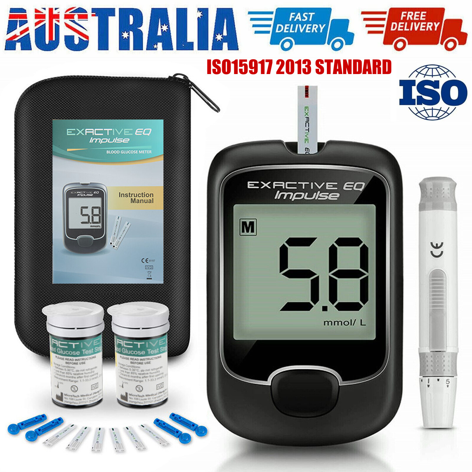 Exactive EQ Blood Glucose Monitor Diabetes Testing Kit 50 Test Strips Black