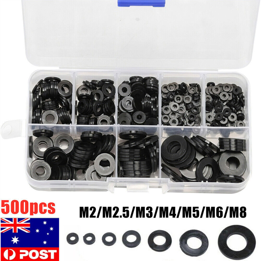 500pcs Nylon Flat Washers Gasket Set M2 M2.5 M3 M4 M5 M6 M8 Black storage case