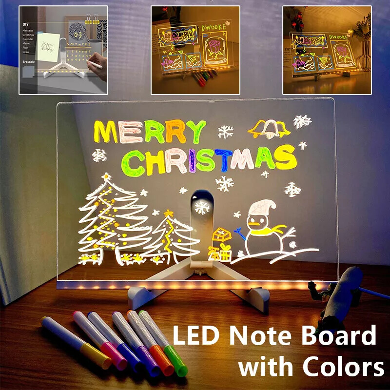 LED Acrylic Message Board Dry Erase 15x15cm USB 7 Pens Home Office Memo Notes