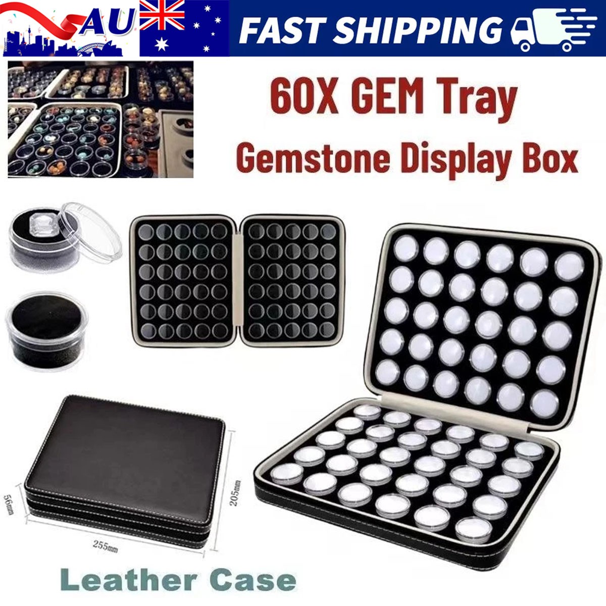60Pcs Gemstone Storage Box 60 Round Jars PU Leather Case Foam Inserts Diamond