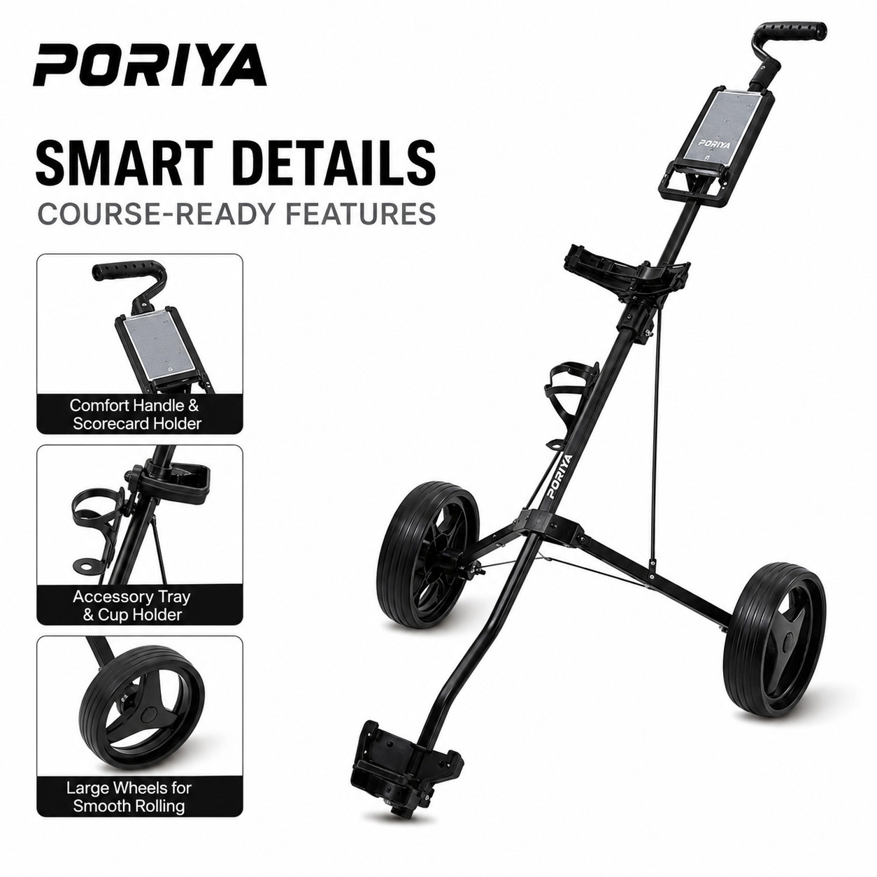 PORIYA Golf Buggy Quick Folding Push-Pull Black Scorecard Holder Brake-Equipped