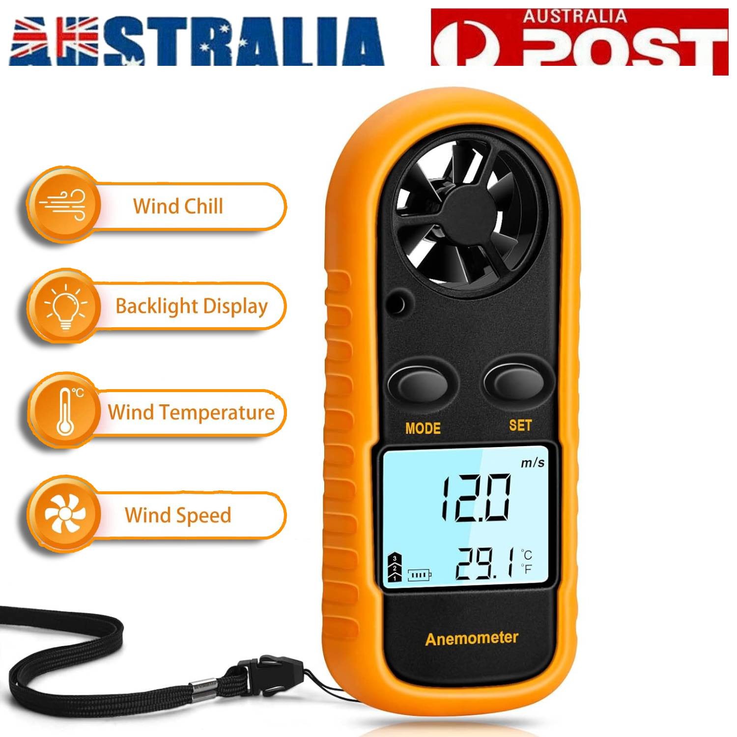 Digital Anemometer Wind Speed Air Flow Meter LCD Thermometer 0-30m/s Backlight