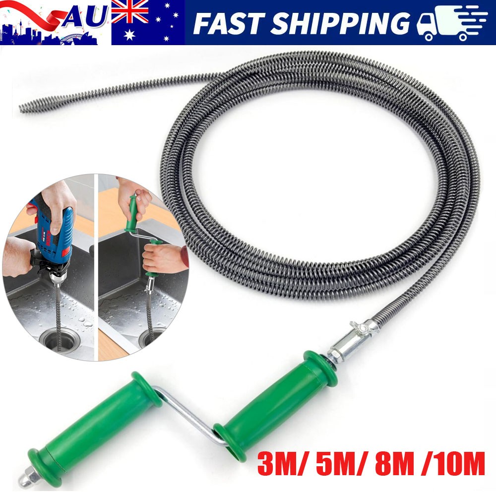 Manual Plumber Drain Snake Cleaner Unblocker 10mm Pipe Sink Sewer 3M-10M Green