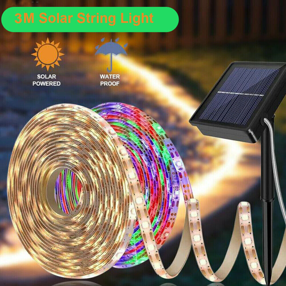 Solar LED Strip Light 3M IP65 Waterproof Flexible 2 Modes 90 LEDs Cool White