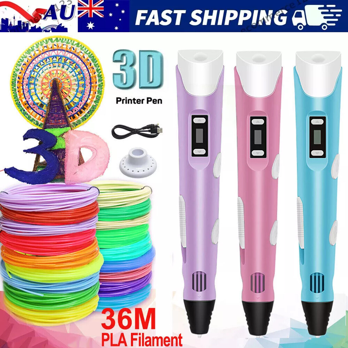 3D Printing Pen-Set PLA Doodle Starter Kit LCD Screen 12 Colours Kids USB Cable