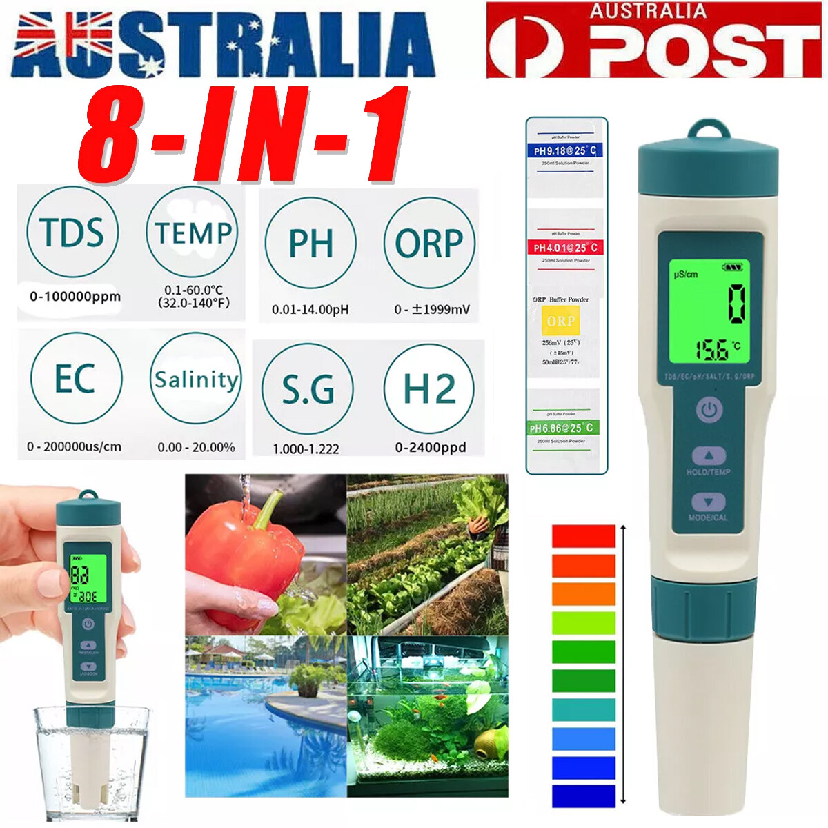ORAPXI Digital Pool Salt Salinity pH TDS EC Temperature Tester IP67 Waterproof