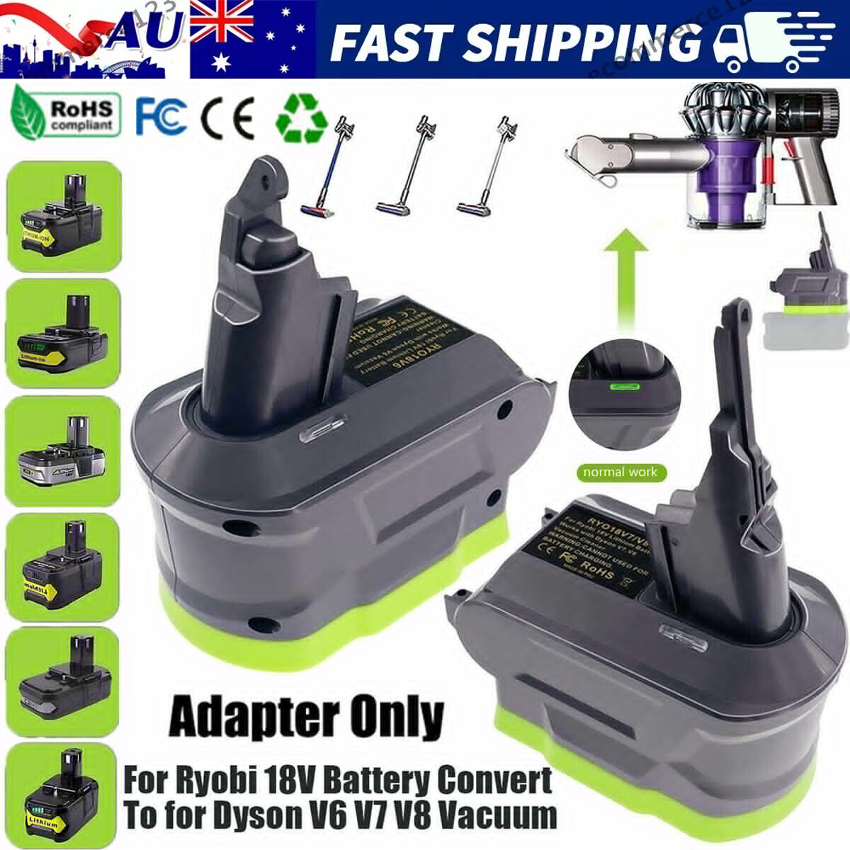 Ryobi 18V Li-ion Battery Adapter Convertor for Dyson V6 V7 V8 ABS Grey Automatic