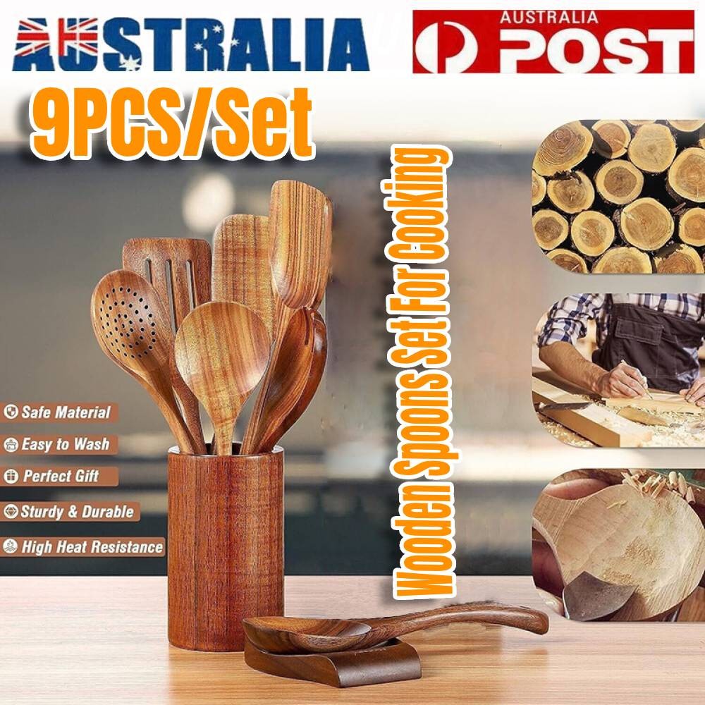 9PCS Teak Wooden Kitchen Cooking Utensil Set With Holder Spoon Rest NONSTICK