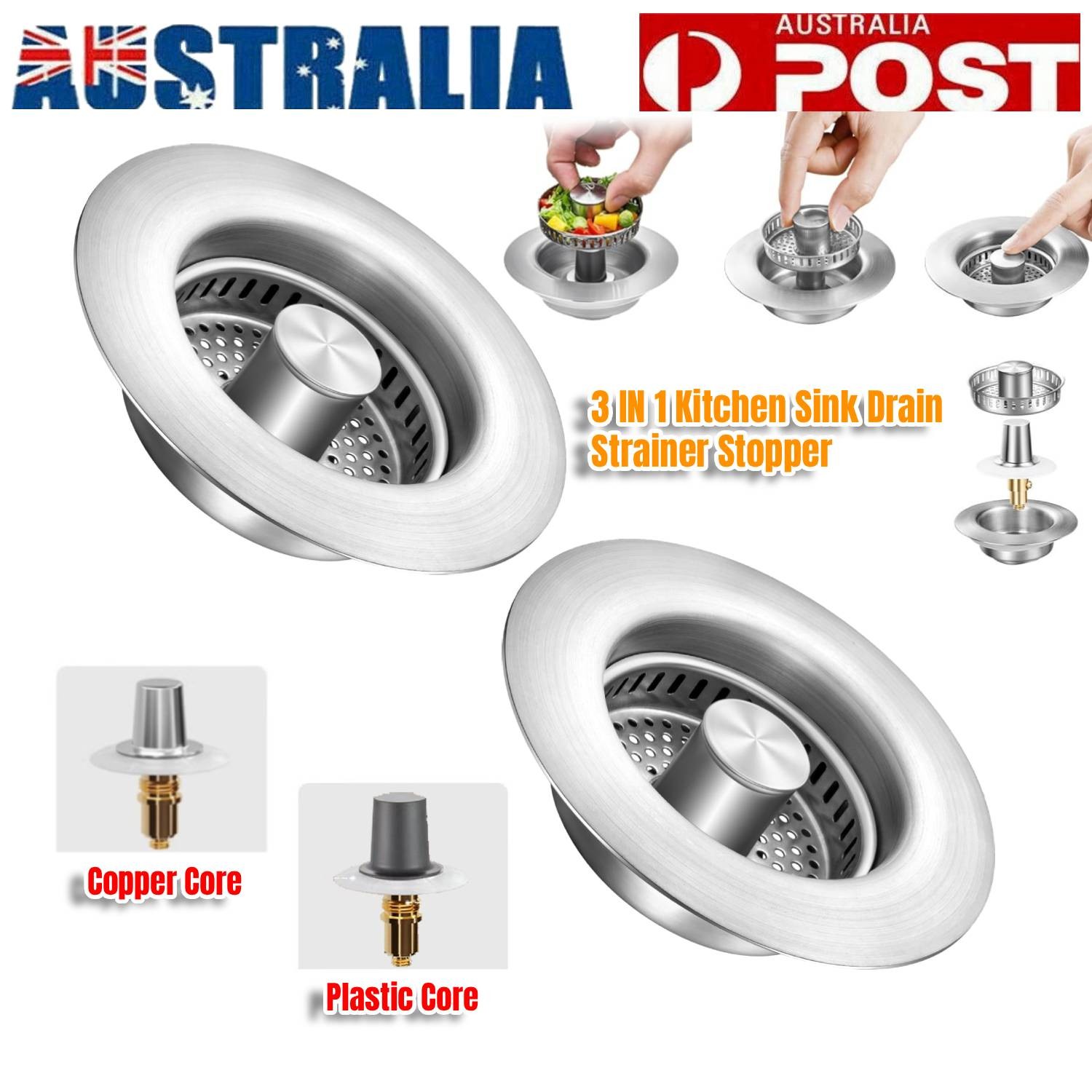 3 in 1 Kitchen Sink Drain Strainer Stopper Pop Up Basket Stainless Steel Silver